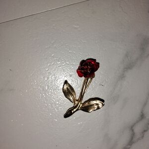 Gold Tone Red Orchild Rose Flower Vintage Plated Brooch Pin